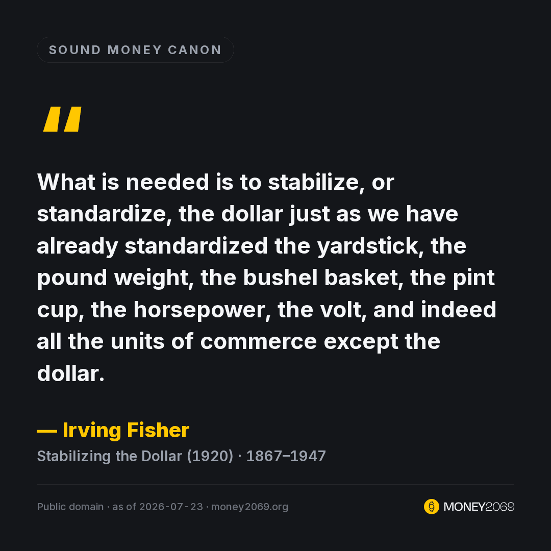 In 1920 Irving Fisher noted we had standardized "all the units of commerce except the dollar." The yardstick, the pound, the volt: all fixed. The unit your salary is paid in: still elastic. A century later that work is still open. His full case in the reply.