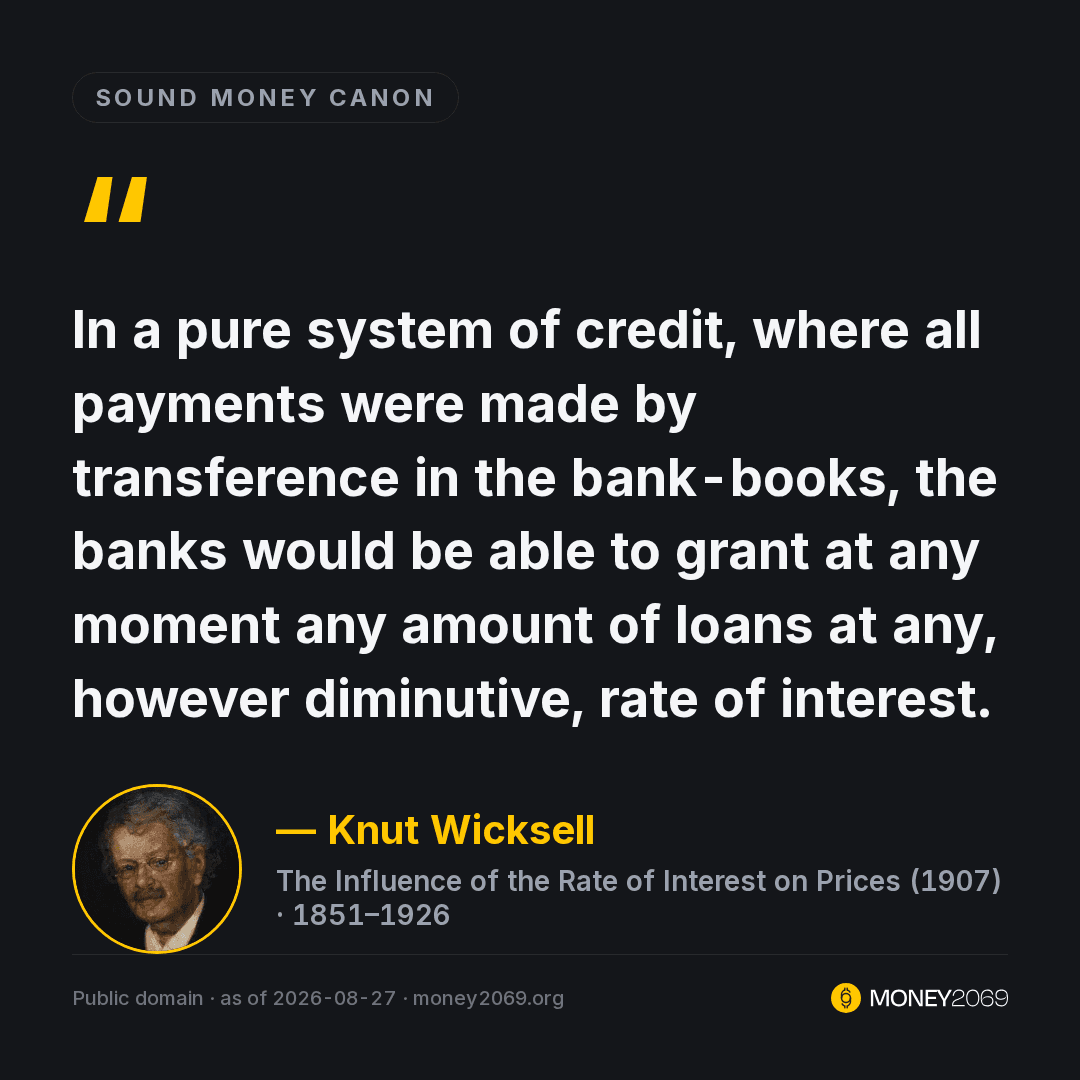 "In a pure system of credit, where all payments were made by transference in the bank-books, the banks would be able to grant at any moment any amount of loans at any, however diminutive, rate of interest." Knut Wicksell wrote that in 1907, in a paper he had read to the British Association the year before. He was describing money as entries moved between bank ledgers, which is close to how most payments settle today. His page in our canon: https://money2069.org/people/knut-wicksell
