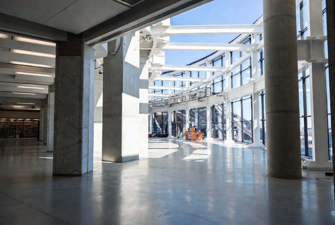 A sunlit atrium concourse with marble columns and orange crates