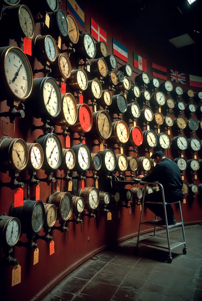A wall of brass pressure gauges, several needles deep in the red
